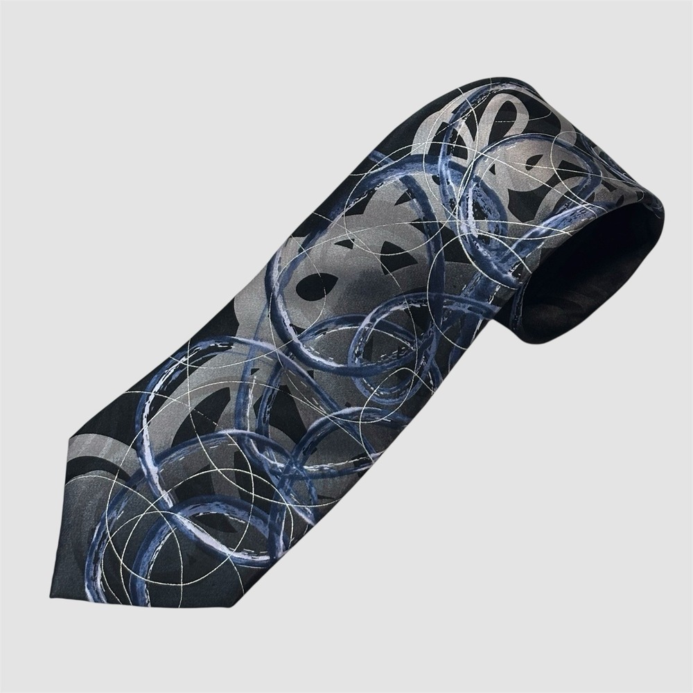J Garcia Silk Tie Happy Birthday Collection 56 Abstract Black Silver Gray Blue